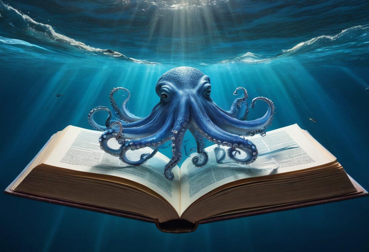 A beautifully illustrated open book with pages that transform into ocean waves, inviting readers to dive into the depths of stories. Incorporate whimsical sea creatures that symbolize different genres of literature, such as a wise octopus for classics and vibrant fish for contemporary novels. The background should convey a serene underwater ambiance, with beams of light breaking through the surface. Use a color palette of deep blues and soft pastels for a calming effect. vibrant colors. surrealism.