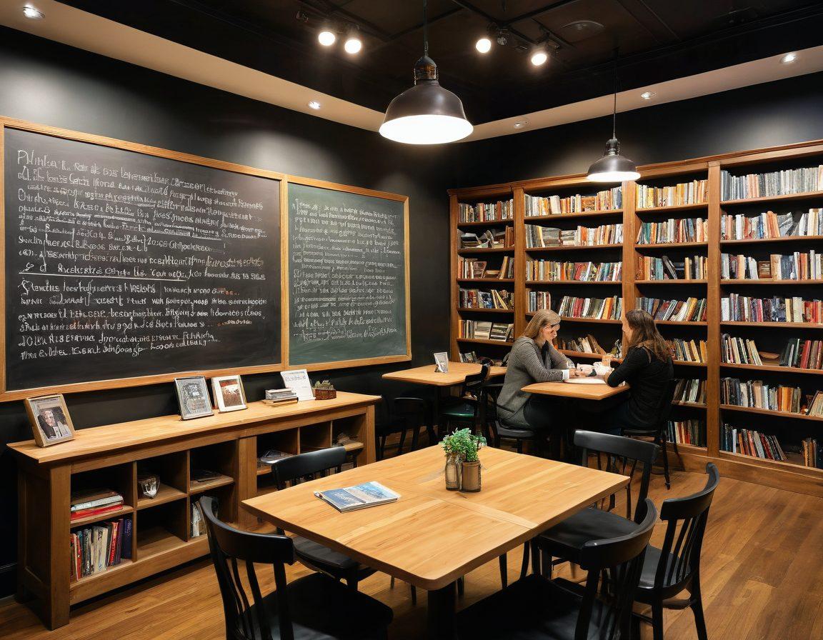 A diverse group of enthusiastic readers and writers seated in a cozy, inviting coffee shop, animatedly discussing various books and ideas, with vibrant shelves filled with colorful books in the background. A chalkboard in the corner showcases literary quotes and event details. Warm ambient lighting enhances the friendly atmosphere, creating an inviting space for creativity and conversation. super-realistic. vibrant colors. cozy ambiance.