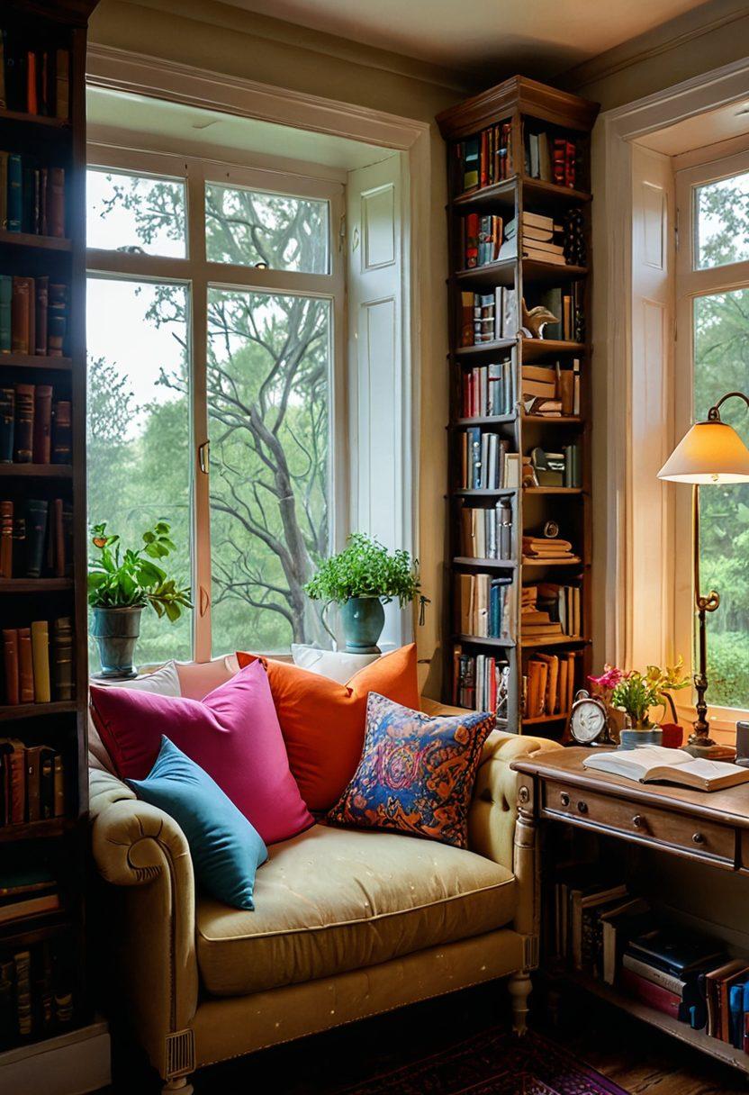 A whimsical library overflowing with stacks of colorful books, a cozy reading nook with plush cushions, lit by warm light, and an open window revealing a serene garden. In the foreground, a quill and inkpot rest on a vintage desk, symbolizing creativity and critique. The image is inviting and vibrant, enticing literature lovers to explore. super-realistic. vibrant colors. cozy atmosphere.